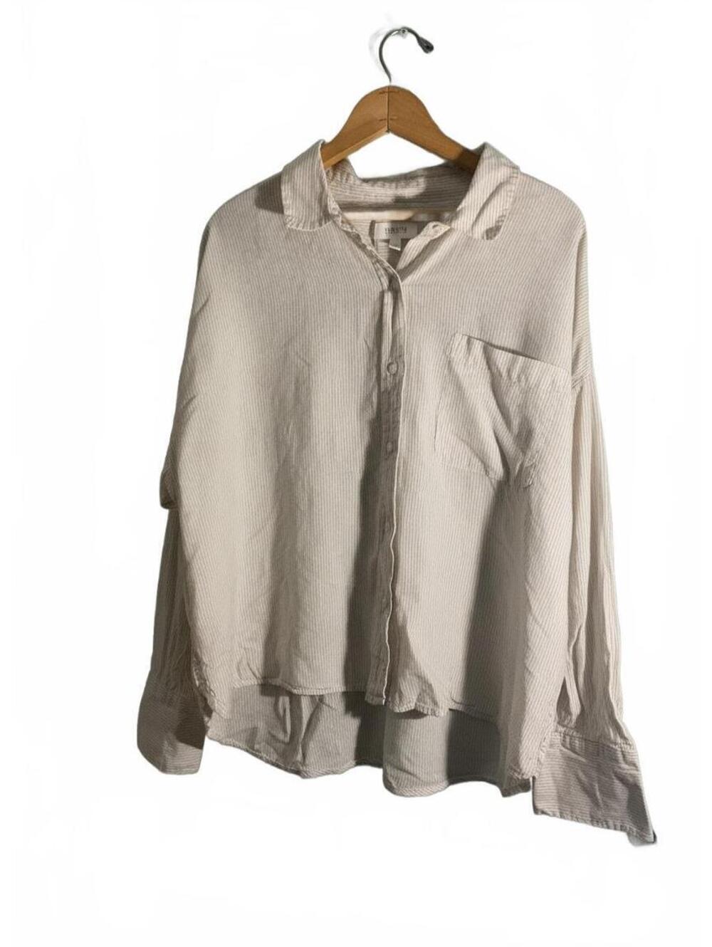 Haven Within Striped Linen Button-Up Shirt in Cream and Beige, Size XL